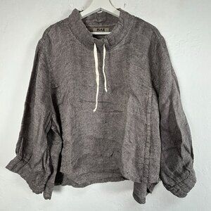 Flax Womens Revere Top Panama Linen Shirt Large Drawstring Pullover Black New